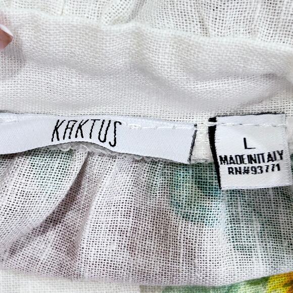 Kaktus Italy 100% Linen Floral Notched V Ruffle Neck Tunic Top Womens Large - Picture 7 of 9